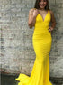 Mermaid Straps V Neck Long Yellow Prom Dresses with Open Back LBQ1728